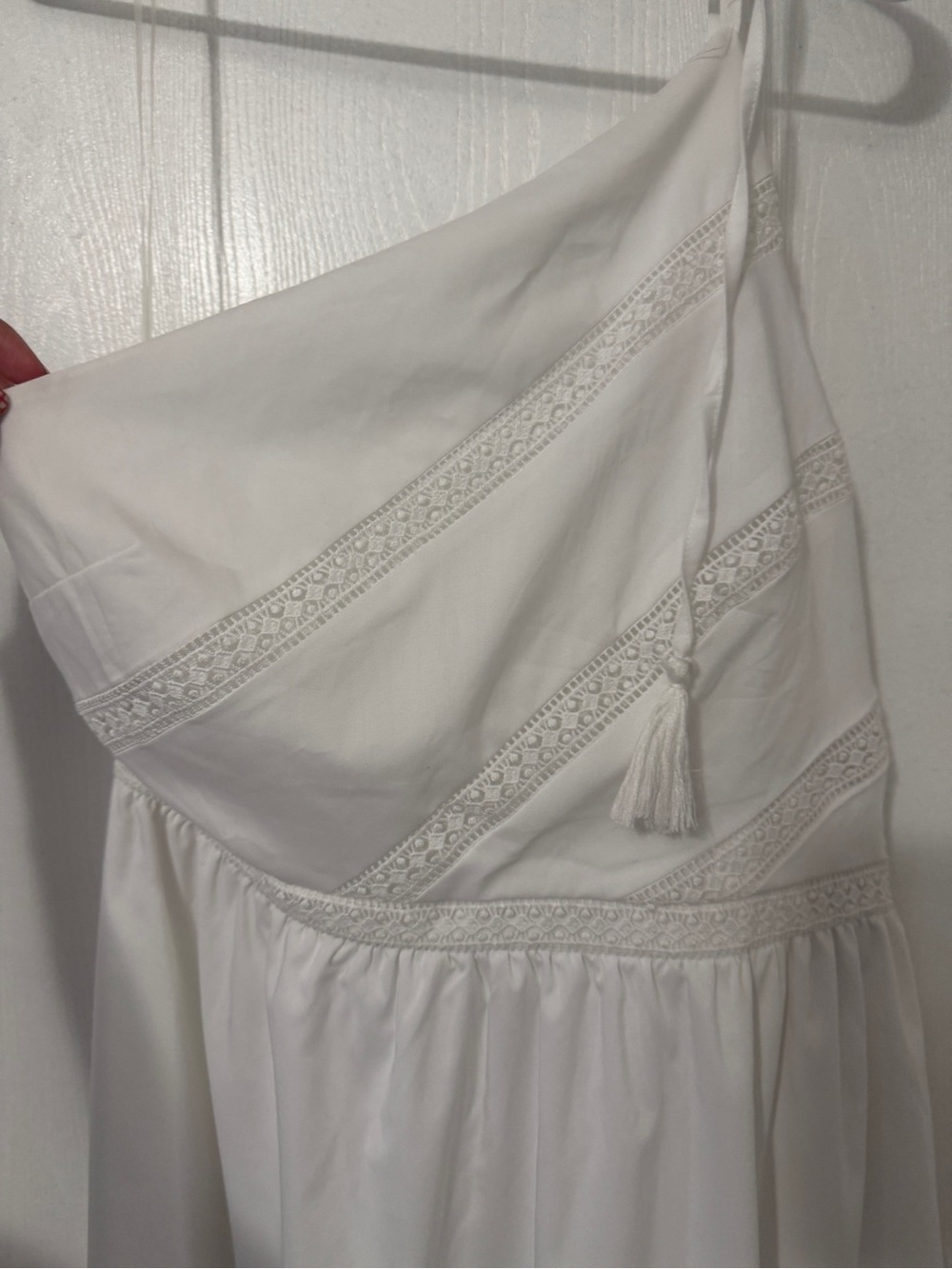 Indigo Rose White One-Shoulder Tassel Maxi Dress lace and pockets lined